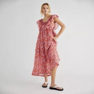 Free People Bonita Printed Floral Flutter Midi Dress Orange Pink Large OB1528924